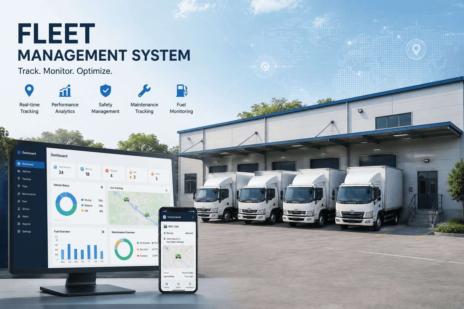 Stratevo fleet management — live tracking dashboard and a yard of delivery trucks