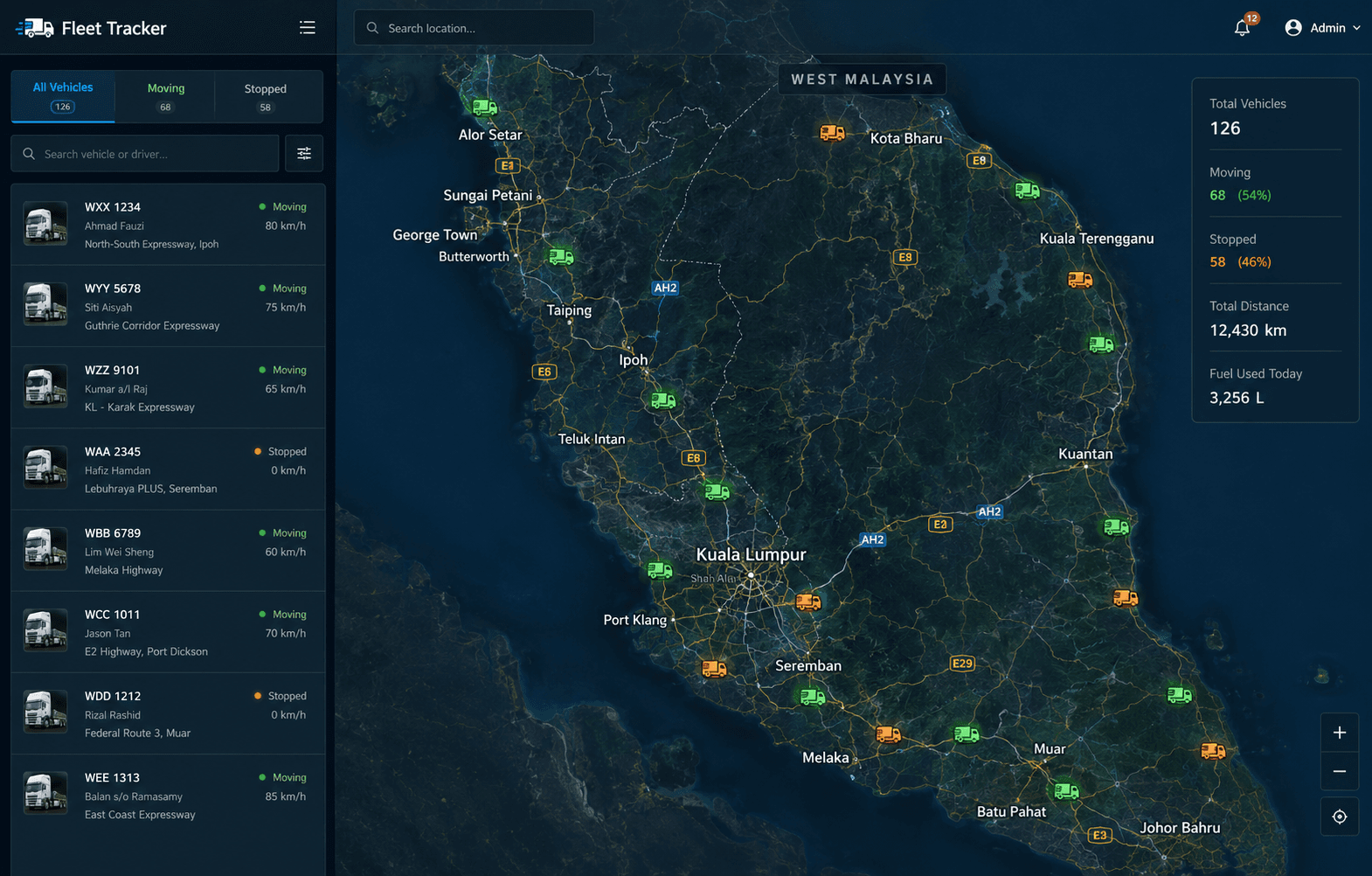 Stratevo live fleet map of Malaysia showing every vehicle and its status